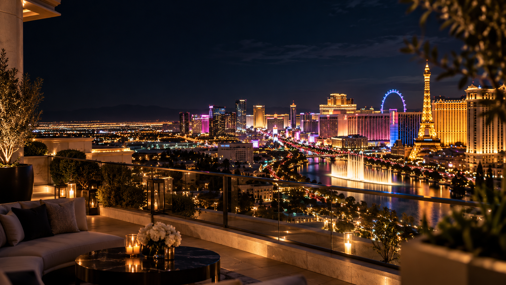 Las Vegas illuminated at night from an elegant terrace